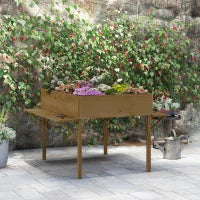 Fioriera rettangolare rialzata con 12 scomparti, ripiani laterali ribaltabili e telo in tessuto non tessuto, Marrone