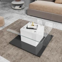 Tavolino da salotto moderno in vetro lucido con striscia LED regolabile e ruote girevoli, 80×80×40 cm, Bianco+Nero