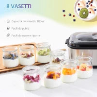 Yogurtiera Elettrica 25W con 8 Vasetti Inclusi, Timer 1-48 Ore e Temperatura Regolabile 20-50°C, 36x18.8x14cm, Argento