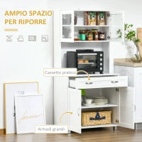 Mobile Cucina Moderno con 2 Armadietti, Ante in Vetro e Mensole Regolabili, 80x48x170 cm, Bianco