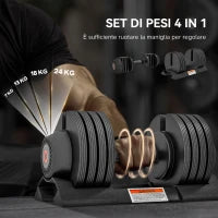 Kit Pesi Regolabili 7/13/18/24 kg con Porta Manubri e Impugnatura Antiscivolo, 37x18x18 cm, Nero