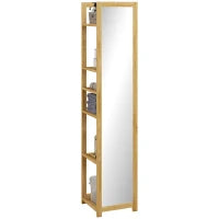 Scaffale da Bagno con Specchio e 6 Ripiani a Doghe in Bambù, 35x35x168cm, Colore Legno