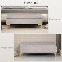 Panca Contenitore Fondo Letto con Tessuto Vellutato e Gambe Dorate, 120x44x44.5cm, Grigio Chiaro