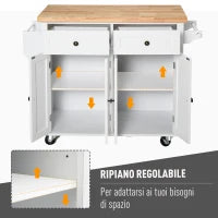 Carrello da Cucina con 2 Cassetti e 2 Armadietti, Isola da Cucina con Piano in Legno, Portaspezie e Porta Canovacci, Bianco