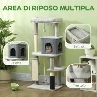 Albero per Gatti Multilivello Alto 132 cm con Casetta, Lettino, Pali Tiragraffi, Spazzola e Pallina, Grigio