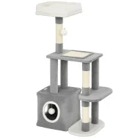 Albero Tiragraffi per Gatti con Casetta, Lettino e 2 Palline, in Legno e Peluche, 55x40x107 cm, Grigio e Bianco