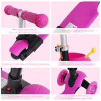 Monopattino 3 Ruote per Bambini con Sedile e Maniglione, Manubrio con Altezza Regolabile, 62x25x72.5cm Rosa