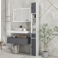 kleankin Colonna di Archiviazione, Armadio Alto per Bagno, 1 Cassetto, 4 Ripiani Regolabili e 2 Armadi, 20 x 20 x 180 cm, Grigio