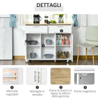 Carrello da Cucina Multiuso in Legno con 2 Cassetti, 3 Antine e 4 Ruote 121x46x91cm - Bianco