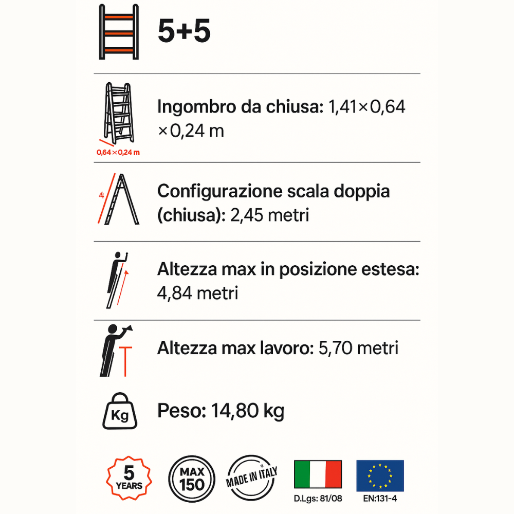 Scala telescopica professionale 5+5 alluminio rinforzato uso multifunzione en131-4