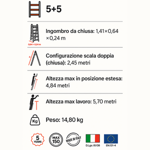 Scala telescopica professionale 5+5 alluminio rinforzato uso multifunzione en131-4