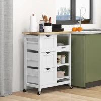 Carrello da Cucina con Ruote, Piano di Lavoro in Legno, 3 Cassetti e 1 Piano Removibile, 67 x 37 x 85,5 cm, Bianco