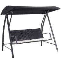 Dondolo da Giardino in Polyrattan a 3 Posti con Tettuccio Apribile Regolabile, Cuscino di Seduta con Protezione Solare, Panca Sospesa con Portata Fino a 360 kg, 198 x 124 x 179 cm, Nero