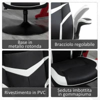 Poltrona da Gaming da Ufficio Ergonomica, Altezza Regolabile, Base Fissa, Braccioli Pieghevoli Nero e Bianco