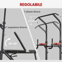 Power Tower Pieghevole, Stazione Fitness Multifunzione Regolabile in 7 Posizioni con Sbarra Trazioni, Dip Station, Pull UP Station e Panca Piana in Acciaio, per Home Gym Casa, Portata 150kg