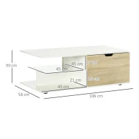 Tavolino Basso da Caffè in Truciolato con Cassetti e Ripiano in Vetro per Soggiorno e Ingresso, 106x58x39 cm, Bianco