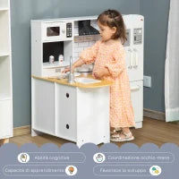 Cucina Giocattolo in Legno per Bambini 3-6 Anni con 14 Accessori, Forno e Lavandino, 82x65x87 cm, Bianco