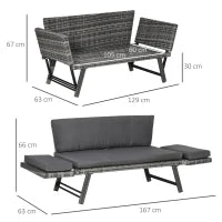 Divano da Giardino 2 Posti in Rattan con Imbottitura e Braccioli Ribaltabili, 129x63x67cm, Grigio