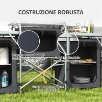 Cucina da Campeggio Pieghevole a 3 Piani con 5 Ripiani Interni e 4 Ganci, 172x48x119 cm, Nero