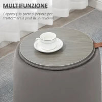 Pouf Contenitore in Velluto 2 in 1 Convertibile in Tavolino da Caffè, Ø44x47.5cm, Grigio