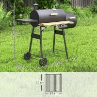 Barbecue a Carbone con Coperchio e Affumicatore, BBQ da Giardino con Ripiani e Ruote 124x53x104 cm, Nero