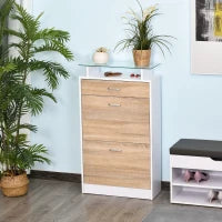 Scarpiera con 2 Ante Ribaltabili, 2 Compartimenti per Ripiano, Cassetto, Piatto in Vetro, Legno Rovere e Bianco