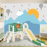 Scivolo combinato per bambini con scivolo lungo, scatola portaoggetti, tunnel, scala a pioli e canestro da basket, facile da montare e comodo da riporre, 152×186×110 cm,Verde Antico