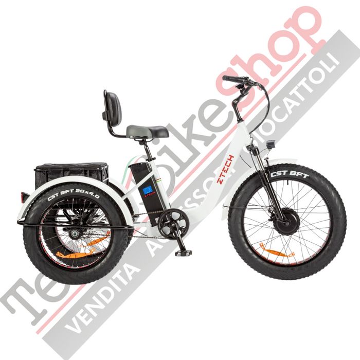 Triciclo Bicicletta Elettrica Z-TECH ZT-80-B "FAT TRIKE " 3 Ruote 250W 13 Ah 48V Batteria Litio -Bianco