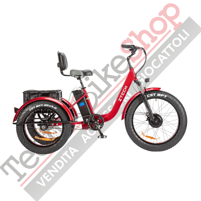 Triciclo Bicicletta Elettrica Z-TECH ZT-80-B "FAT TRIKE " 3 Ruote 250W 13 Ah 48V Batteria Litio -Rosso