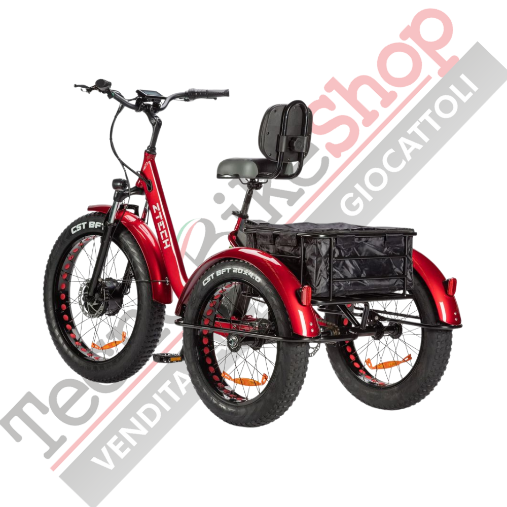 Triciclo Bicicletta Elettrica Z-TECH ZT-80-B "FAT TRIKE " 3 Ruote 250W 13 Ah 48V Batteria Litio -Rosso