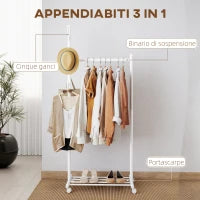 Stender Appendiabiti da Terra con Ruote, 5 Ganci e Ripiano Inferiore Porta Scarpe, Bianco