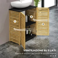 Mobile Sottolavabo Bagno con 2 Ante a Doghe, Porta Asciugamani e Intaglio a U, Legno e Nero