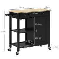 Carrello Cucina Classico con Cassetti, Ruote e Armadietto 2 Ante Salvaspazio 89x40x84cm, Nero