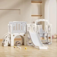 Scivolo per bambini con altalena, piattaforma, armadietto,gioco di perforazione, canestro basket e scala,Grigio+Bianco