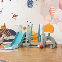 Scivolo per Bambini 4 anni max con Altalena, Canestro, Porta e Anelli, in HDPE e PP, 210x186x133 cm