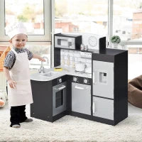 Cucina Giocattolo per Bambini in Legno con 14 Accessori, Forno, Lavandino, Frigo e Microonde, Età 3+ Anni, 86x64x84.5cm, Argento e Marrone