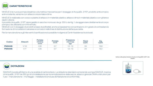 Acquabrevetti pompa dosatrice anticalcare MiniDue con attacco dima da 1/2" F - PM005S 