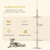 Albero Tiragraffi Multilivello a Soffitto con Amaca e Altezza Regolabile, 40x34x230-260cm, Beige