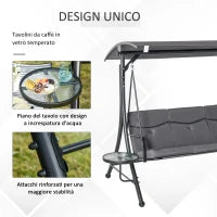 Dondolo da Giardino a 3 Posti , Dondolo da Esterno con Tettuccio Regolabile e 2 Tavolini, Grigio 271x125x177cm