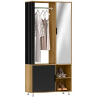Armadio con Specchio e Asta Appendiabiti, Ripiani di Stoccaggio Aperti, Legno Naturale, Nero