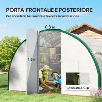 Serra a Tunnel 6x3 m con 2 Ingressi e 8 Finestre, in PE, Poliestere e Acciaio Zincato, Bianco e Verde
