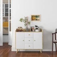Credenza Moderna in Truciolato e Legno di Pino con 3 Cassetti e 2 Armadietti a 2 Livelli, 90x32x80A cm